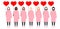 Set of diverse race vector women in pink clothes holding red balloon hearts. Valentine Day sisterhood cute and simple modern flat