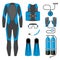 Set of diving equipment icon. Wetsuit, scuba gear and accessories Underwater activity sports item.