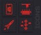 Set DNA symbol, Smartphone, mobile phone, Factory conveyor system belt and Rocket ship with fire icon. Vector