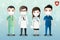 Set of doctor cartoon characters wearing medical mask on a hospital symbol background.