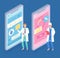 Set of doctors characters. Examine and talking to a patient by smartphone. Flat vector image