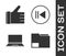 Set Document folder, Hand like, Laptop and Rewind icon. Vector