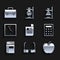 Set Document, Glasses, Apple, Calculator, Book, Clock, test tube flask on fire and Briefcase icon. Vector