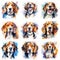 Set of dogs breed Beagle painted in watercolor on a white background in a realistic manner. Ideal for teaching materials