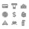 Set Dollar symbol, Broken piggy bank, Cash register machine, Wallet with money, Gold bars, No, Stacks paper cash and