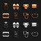 Set Domino, Pillow, Eyeglasses, Stethoscope, False jaw, Adult diaper, Disco ball and Slippers icon. Vector