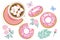 Set of donut with pink icing and sprinkles, rose flower and cup of black coffee with marshmallow. Cartoon style