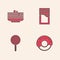 Set Donut, Stack of pancakes, Chocolate bar and Lollipop icon. Vector