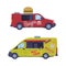 Set of dood trucks. Side view of vans for burgers and fast food selling cartoon vector illustration