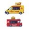 Set of dood trucks. Vans for burgers and fast food selling cartoon vector illustration