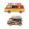 Set of dood trucks. Vans for coffee and fast food selling cartoon vector illustration