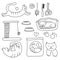 A set of doodle accessories for a cat, a pet in various poses and a variety of grooming items