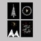 Set of doodle Christmas greeting card. Vector hand drawn cute icons. Scandinavian black style. Xmas tree, mountains