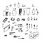 Set of doodle cosmetics. Decorative and care cosmetics, jars, beauty supplies.