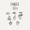 Set of doodle food icons. French cafe. Cupcake, profitroles, cups, cappuccino, cookies, mulled wine.