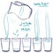 Set doodle icons - Blue Jug and glasses with a drink - milk, water, juice - pouring glass