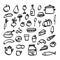 Set of doodle icons of food, drink and kitchen utensils,