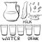 Set doodle icons - Jug and glasses with a drink - milk, water -