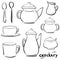 Set doodle icons - Tea and coffee - teapot, coffeepot, sugar bow