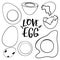 Set doodle outline eggs, boiled, halves, half-shell eggshell. Print for stickers, cards, invitations, banners, posters, menus, caf