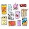 Set of doodle snack icon. potato chips, chocolate bar, juice, milk, cereal, candy and soda can illustrations. hand drawn vector. d