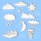 Set of doodle weather icons. Sun, moon, star, clouds