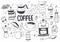 Set of doodles, hand drawn rough simple sketches, various kinds of coffee, ingredients and devices for coffee making. Vector