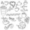 Set of doodles on the theme of coffee, coffee is love, cups and mugs with a drink together with themed lettering, contour