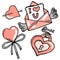 set of doodles for Valentine\\\'s Day, heart-lock with a key, love letter, candy heart, heart with an arrow in gray-pink shades