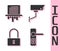 Set Door handle, Paper shredder, Lock and Security camera icon. Vector