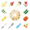 Set of Doughnut, Pizza, Water, Whisk, Spoon, Jam, Mustard, Cucumber, Pepper, editable icon pack