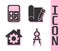 Set Drawing compass, Calculator, House with gear and Graphing paper and pencil icon. Vector