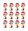 Set of drawing emotional asian characters with Christmas hat. Cartoon style emotion icons. Flat illustration Isolated girls