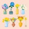 a set of drawings with beautiful vases and a bouquet of spring flowers