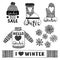 Set drawings knitted woolen clothing and footwear. Sweater, hat, mitten, boot, scarf with patterns, snowflakes. Winter