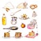 Set of drawings of products for cooking pancakes, watercolor, pen