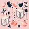 Set drawn in pink and black for bathroom with furniture and sanitary, plumbing isometric in various foreshortening. Vector concept