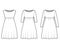 Set of dresses babydoll technical fashion illustration with long elbow sleeves, oversized body, knee length A-line skirt