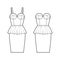 Set of dresses bustier peplum technical fashion illustration with sleeveless, strapless, fitted body, knee length ruffle