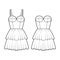 Set of dresses bustier technical fashion illustration with sleeveless, strapless, fitted body, mini length ruffle tiered