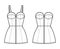 Set of dresses denim Zip-up bustier peplum technical fashion illustration with sleeveless, strapless, fitted body, mini