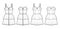 Set of dresses denim Zip-up bustier technical fashion illustration with sleeveless, strapless, fitted body, mini length