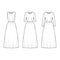 Set of dresses long technical fashion illustration with long medium short sleeve, fitted body, floor length full skirt