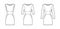 Set of Dresses panel tube technical fashion illustration with hourglass silhouette, long elbow sleeves, fitted body