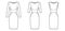 Set of Dresses panel tube technical fashion illustration with hourglass silhouette, long elbow sleeves, fitted body knee