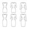 Set of dresses panel tube technical fashion illustration with hourglass silhouette, sleeves, fitted, knee length skirt