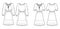 Set of Dresses peasant technical fashion illustration with long short sleeves, fitted, knee length peplum pencil skirt