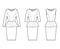 Set of dresses peplum technical fashion illustration with long sleeve, fitted body, knee length sheath skirt, round neck