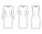 Set of Dresses sheath technical fashion illustration with long elbow short sleeves sleeveless, fitted body, knee length