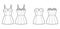 Set of dresses tube technical fashion illustration with bustier, sleeveless fitted body, mini length ruffle tiered skirt